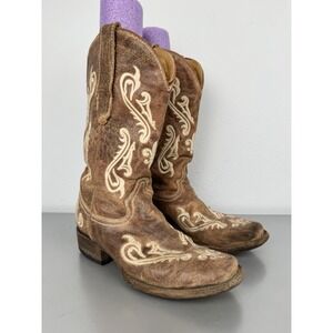 Corral Cowboy Boots Womens 7.5 M Snip Toe Honey Cortez Ivory Scroll Fleur De Lis